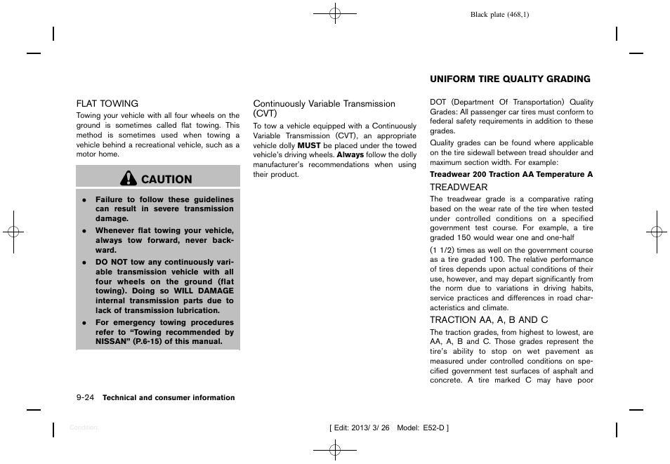 Flat towing -24, Uniform tire quality grading -24, Treadwear -24 traction aa, a, b and c -24 | Caution | NISSAN 2013 Quest - Owner's Manual User Manual | Page 472 / 485