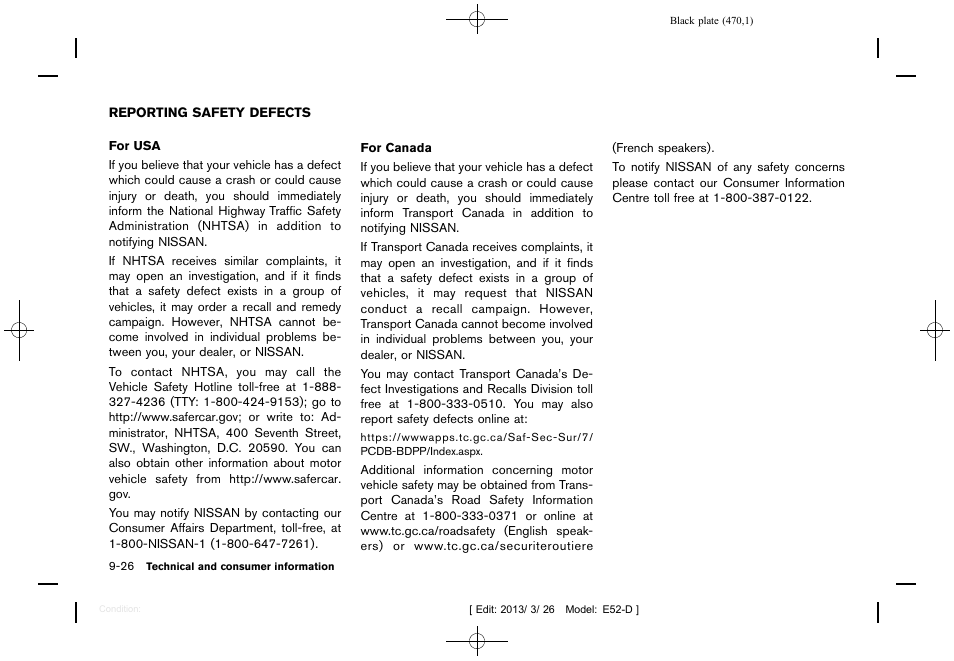 Reporting safety defects -26 | NISSAN 2013 Quest - Owner's Manual User Manual | Page 474 / 485