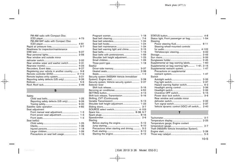 NISSAN 2013 Quest - Owner's Manual User Manual | Page 481 / 485