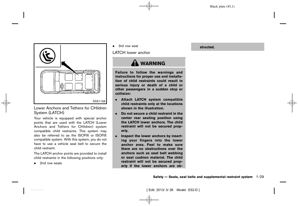 Warning | NISSAN 2013 Quest - Owner's Manual User Manual | Page 49 / 485