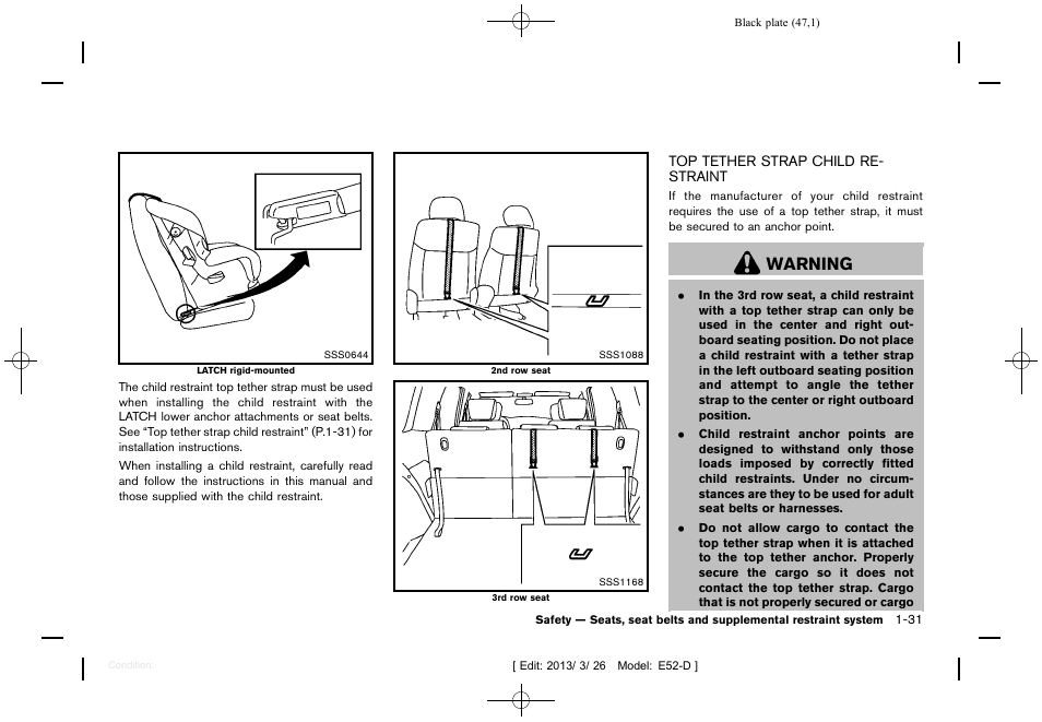 Top tether strap child restraint -31, Warning | NISSAN 2013 Quest - Owner's Manual User Manual | Page 51 / 485