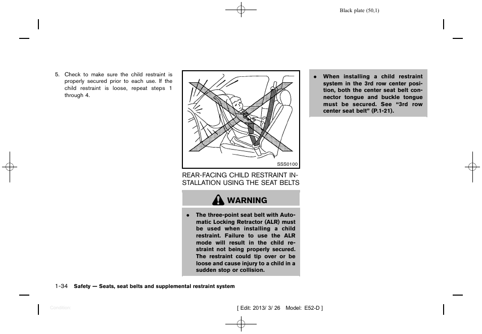 Warning | NISSAN 2013 Quest - Owner's Manual User Manual | Page 54 / 485