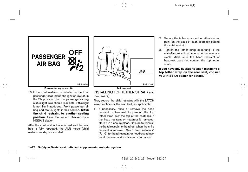 Installing top tether strap (2nd row seats) -42 | NISSAN 2013 Quest - Owner's Manual User Manual | Page 62 / 485