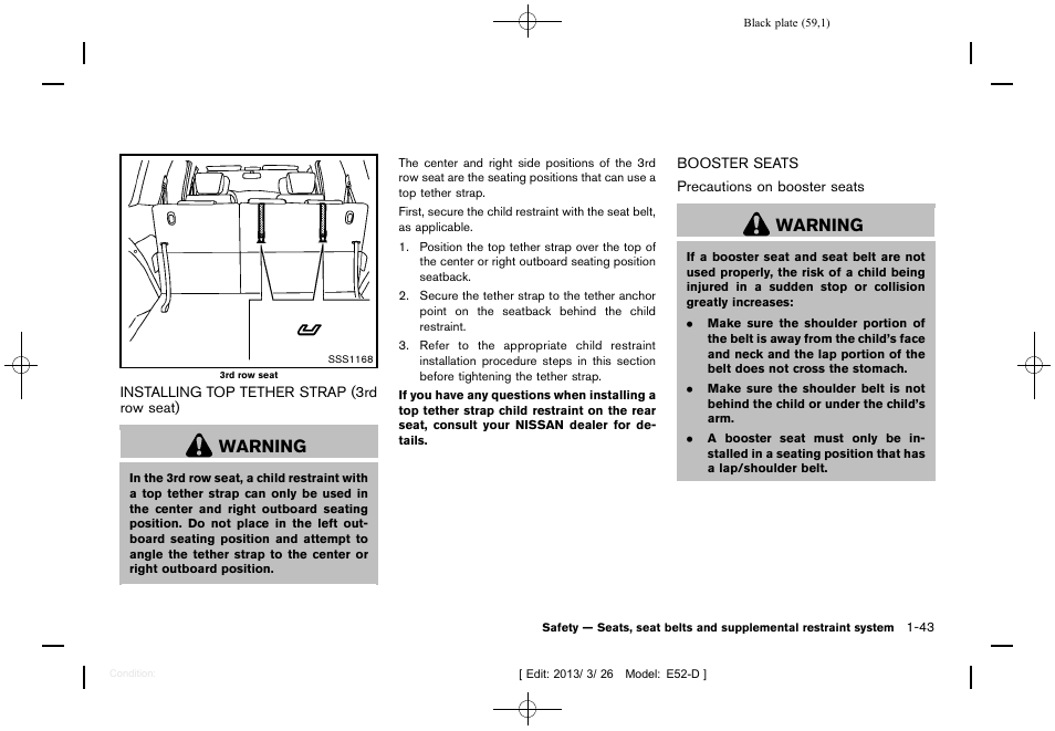 Warning | NISSAN 2013 Quest - Owner's Manual User Manual | Page 63 / 485