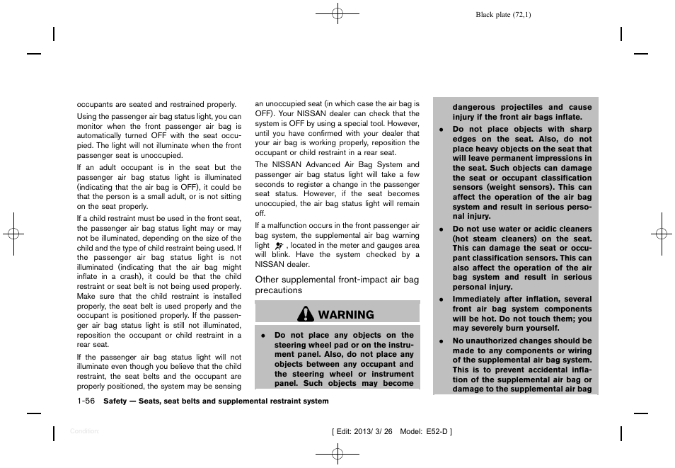 Warning | NISSAN 2013 Quest - Owner's Manual User Manual | Page 76 / 485