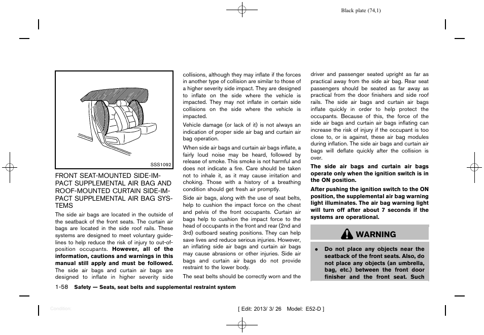 Warning | NISSAN 2013 Quest - Owner's Manual User Manual | Page 78 / 485