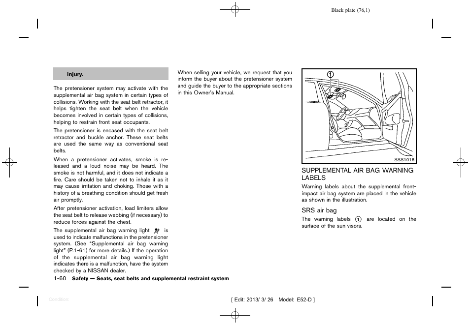 Supplemental air bag warning labels -60 | NISSAN 2013 Quest - Owner's Manual User Manual | Page 80 / 485