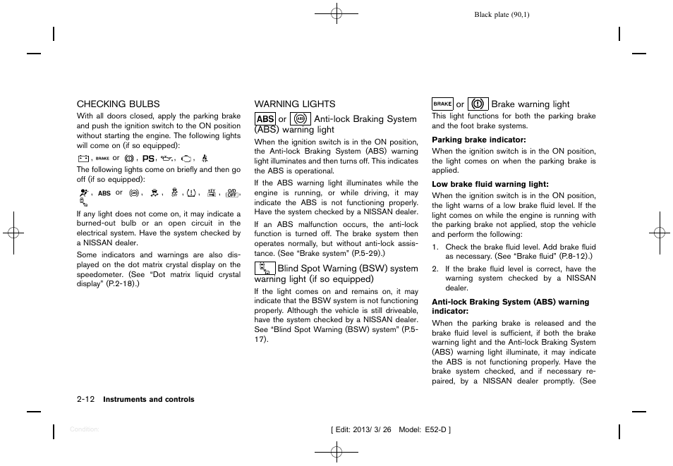 Checking bulbs -12 warning lights -12 | NISSAN 2013 Quest - Owner's Manual User Manual | Page 94 / 485