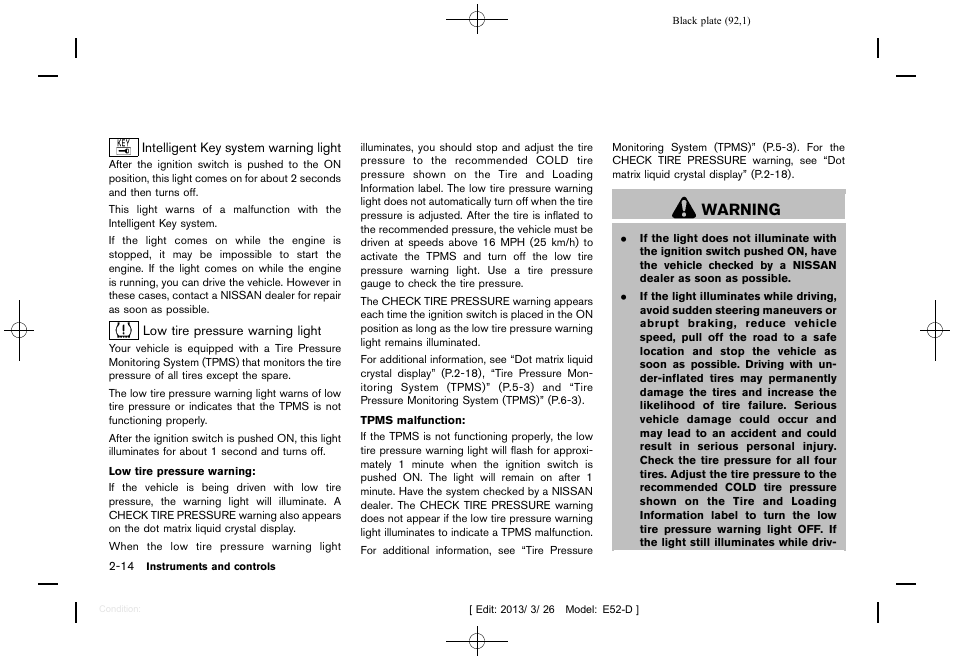 Warning | NISSAN 2013 Quest - Owner's Manual User Manual | Page 96 / 485