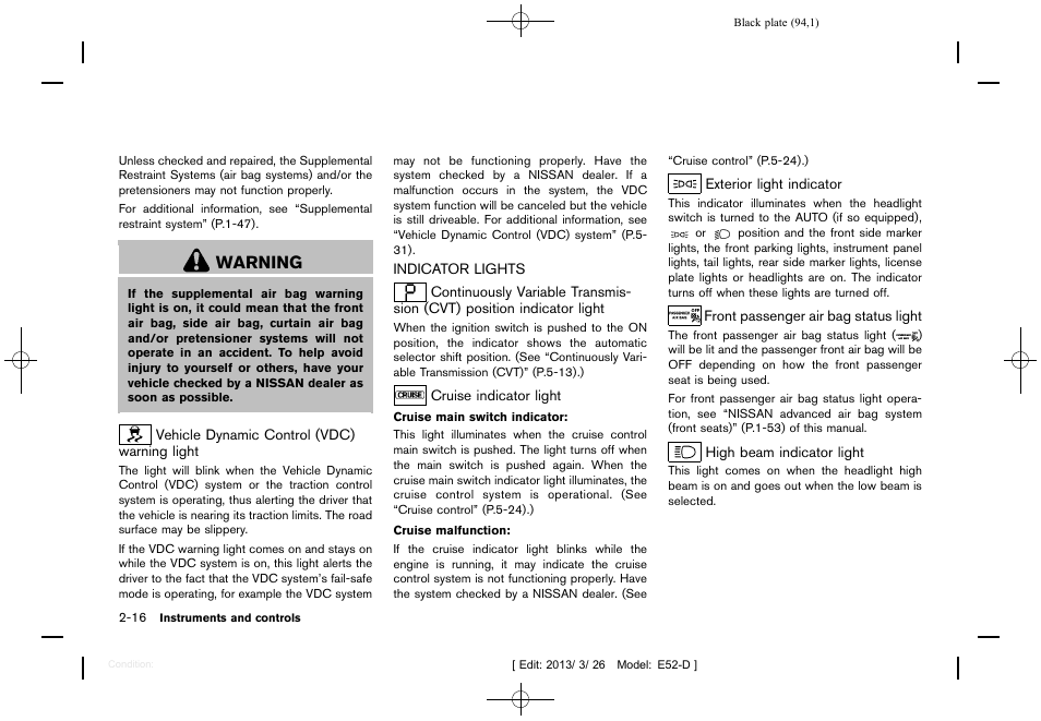 Indicator lights -16, Warning | NISSAN 2013 Quest - Owner's Manual User Manual | Page 98 / 485