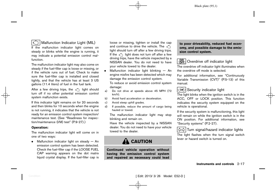 Caution | NISSAN 2013 Quest - Owner's Manual User Manual | Page 99 / 485