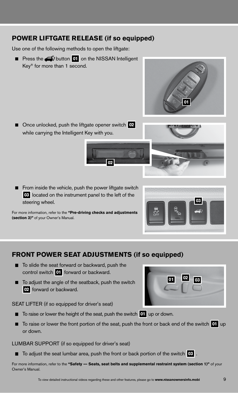 Front power seat adjustments (if so equipped), Power liftgate release (if so equipped) | NISSAN 2013 Quest - Quick Reference Guide User Manual | Page 11 / 36