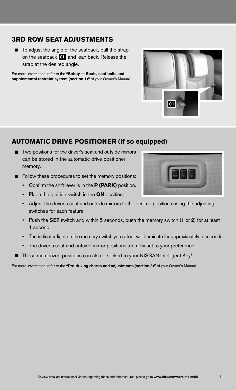 Rd row seat adjustments, Automatic drive positioner (if so equipped) | NISSAN 2013 Quest - Quick Reference Guide User Manual | Page 13 / 36
