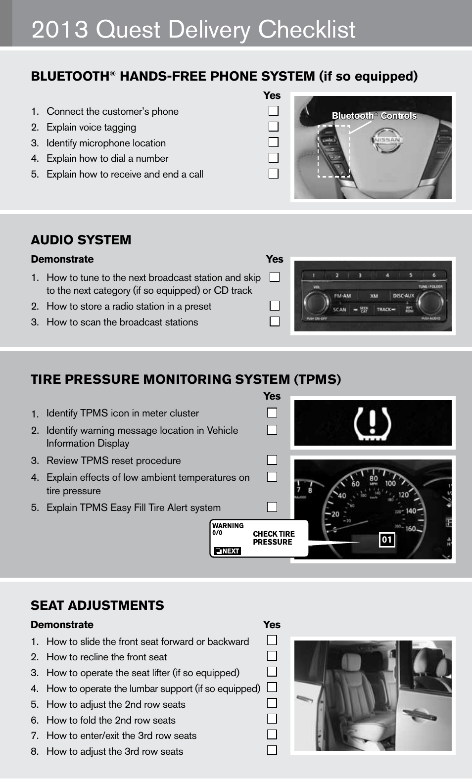2013 quest delivery checklist, Audio system, Bluetooth | Hands-free phone system (if so equipped), Tire pressure monitoring system (tpms), Seat adjustments | NISSAN 2013 Quest - Quick Reference Guide User Manual | Page 16 / 36