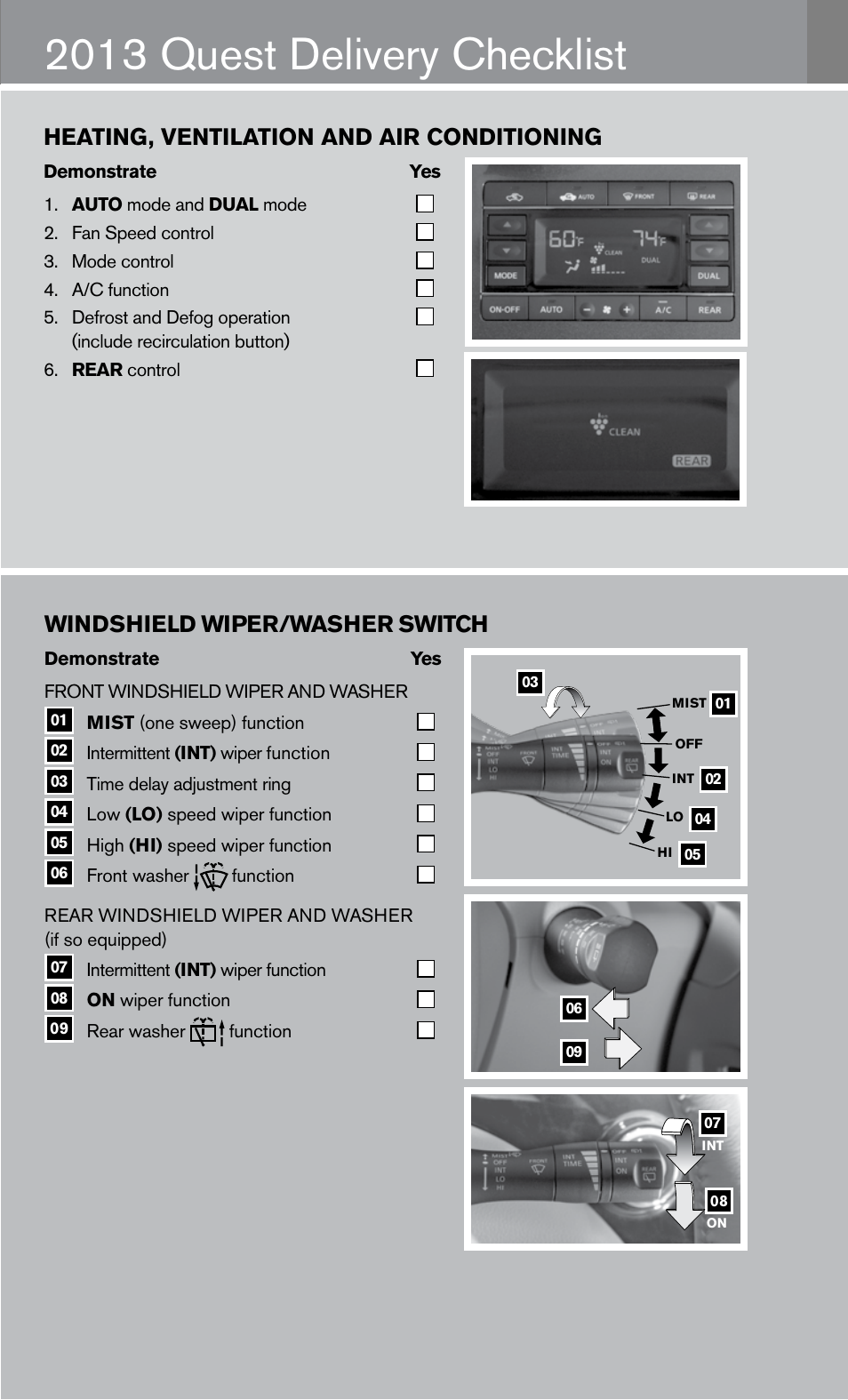 2013 quest delivery checklist, Windshield wiper/washer switch, Heating, ventilation and air conditioning | NISSAN 2013 Quest - Quick Reference Guide User Manual | Page 17 / 36