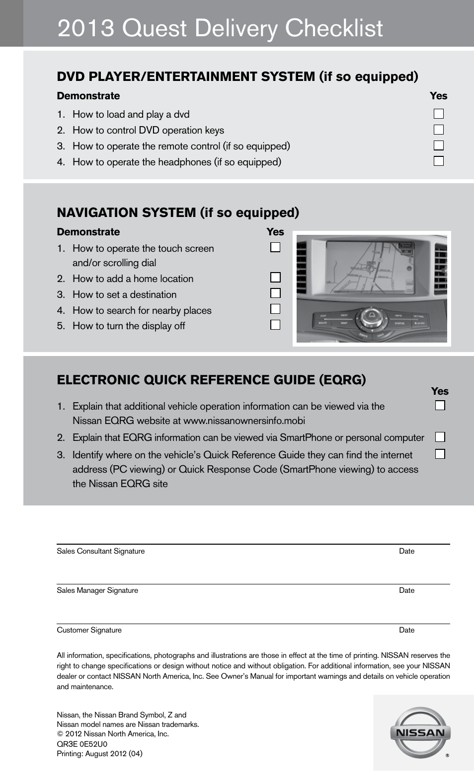 2013 quest delivery checklist, Electronic quick reference guide (eqrg), Navigation system (if so equipped) | Dvd player/entertainment system (if so equipped) | NISSAN 2013 Quest - Quick Reference Guide User Manual | Page 18 / 36