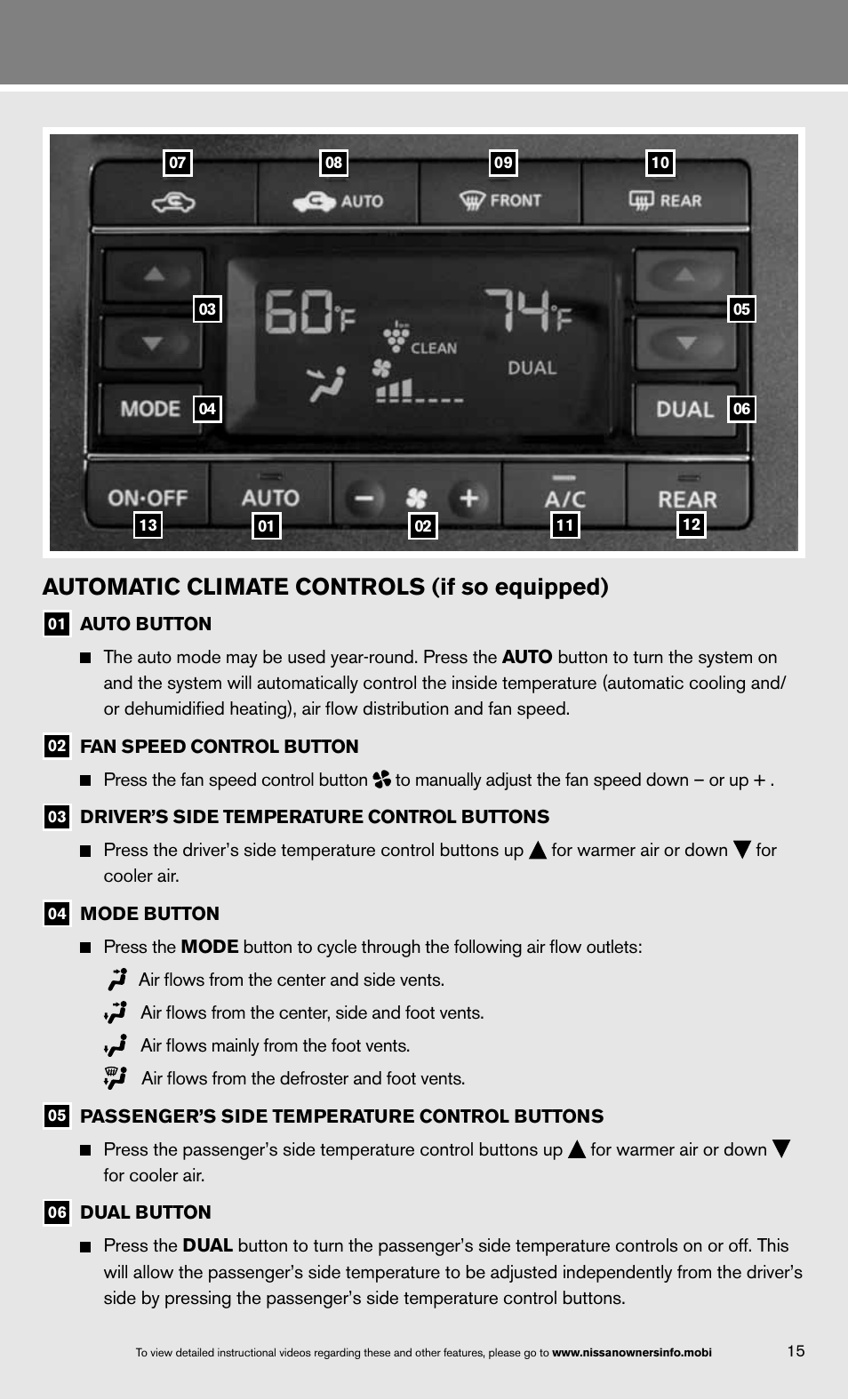Automatic climate controls (if so equipped) | NISSAN 2013 Quest - Quick Reference Guide User Manual | Page 21 / 36