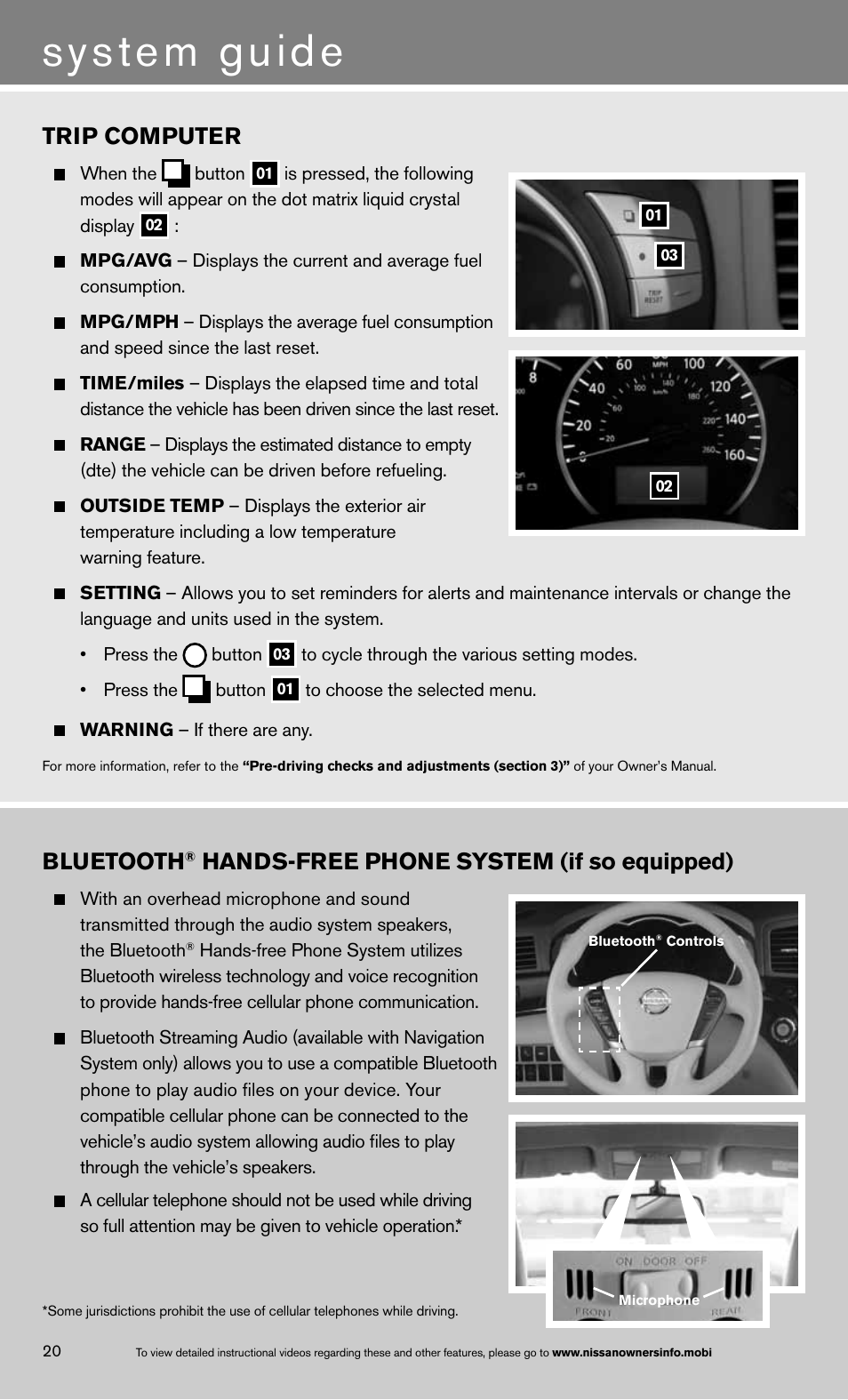 System guide, Trip computer, Bluetooth | Hands-free phone system (if so equipped) | NISSAN 2013 Quest - Quick Reference Guide User Manual | Page 26 / 36