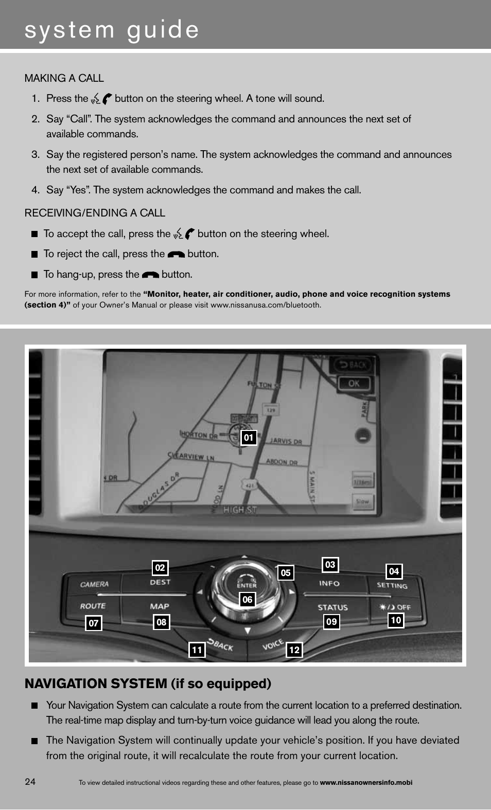 System guide, Navigation system (if so equipped) | NISSAN 2013 Quest - Quick Reference Guide User Manual | Page 30 / 36