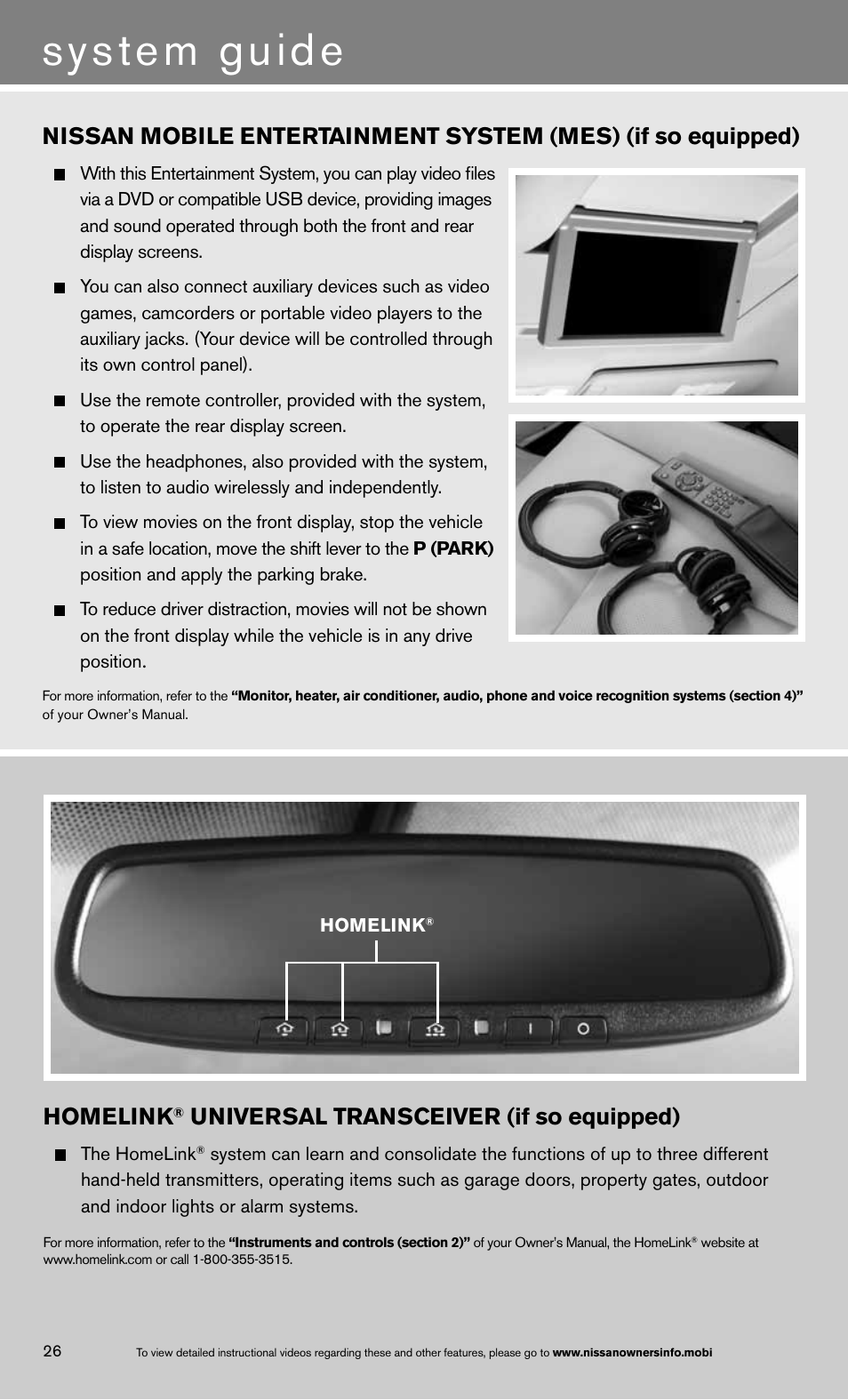 System guide, Homelink, Universal transceiver (if so equipped) | NISSAN 2013 Quest - Quick Reference Guide User Manual | Page 32 / 36