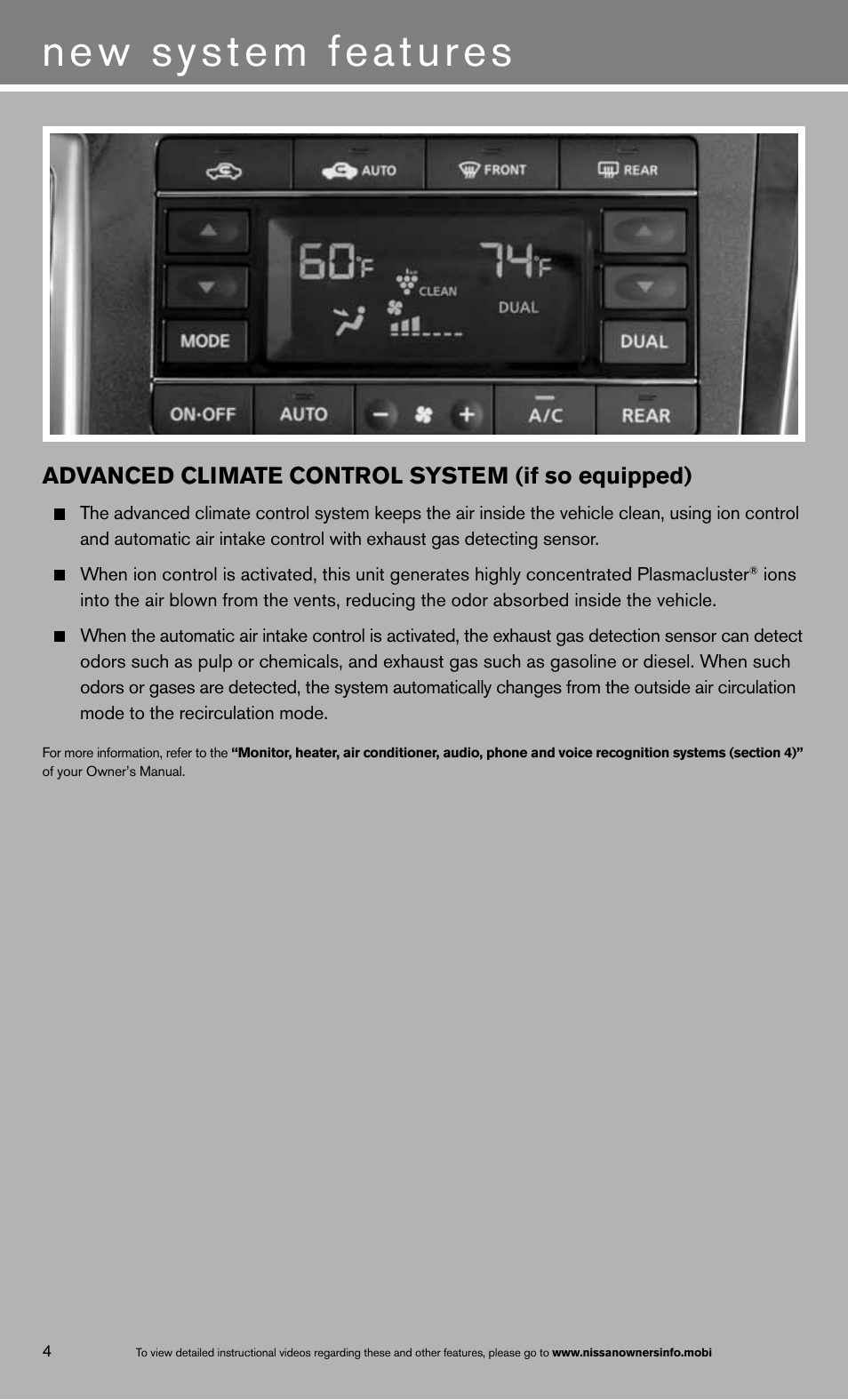 New system features, Advanced climate control system (if so equipped) | NISSAN 2013 Quest - Quick Reference Guide User Manual | Page 6 / 36
