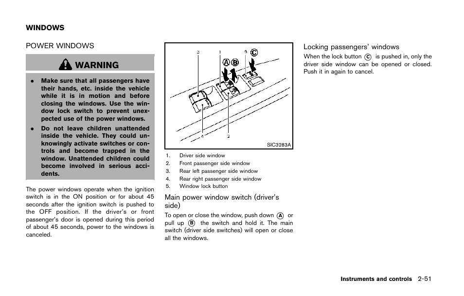 Windows -51, Power windows -51, Warning | NISSAN 2014 Quest - Owner's Manual User Manual | Page 130 / 482