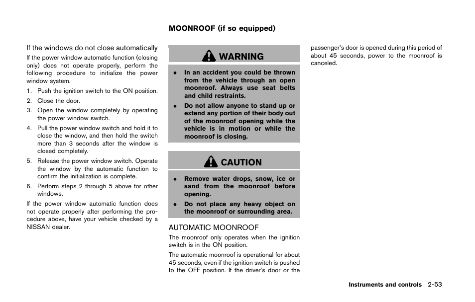 Moonroof (if so equipped) -53, Automatic moonroof -53, Warning | Caution | NISSAN 2014 Quest - Owner's Manual User Manual | Page 132 / 482