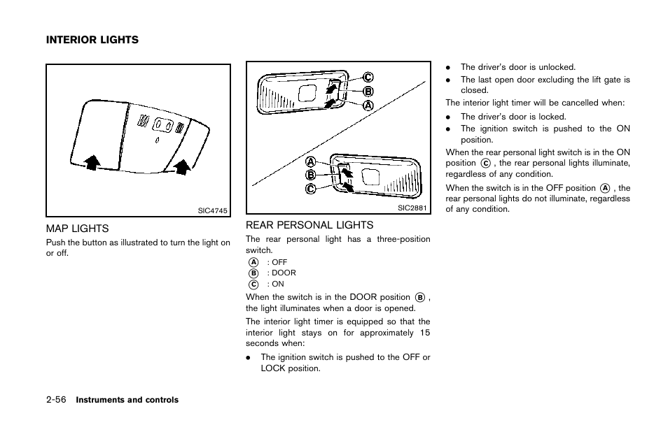 Interior lights -56, Map lights -56 rear personal lights -56 | NISSAN 2014 Quest - Owner's Manual User Manual | Page 135 / 482