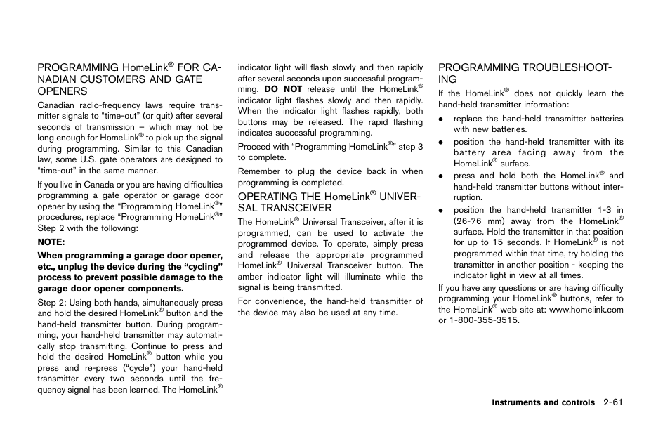 Programming homelink, For canadian customers, And gate openers -61 operating the homelink | For ca- nadian customers and gate openers, Operating the homelink, Univer- sal transceiver, Programming troubleshoot- ing | NISSAN 2014 Quest - Owner's Manual User Manual | Page 140 / 482