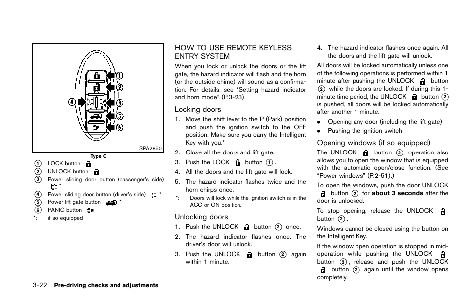 How to use remote keyless entry system -22 | NISSAN 2014 Quest - Owner's Manual User Manual | Page 165 / 482