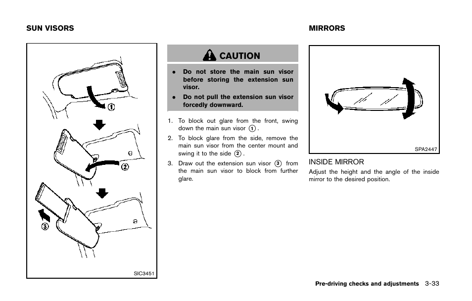 Sun visors -33 mirrors -33, Inside mirror -33, Caution | NISSAN 2014 Quest - Owner's Manual User Manual | Page 176 / 482