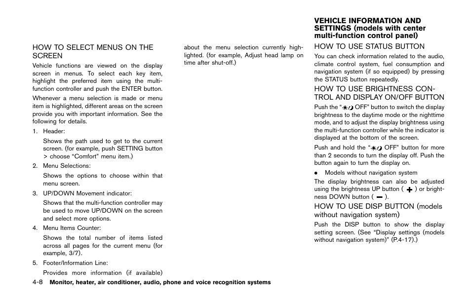 How to select menus on the screen -8 | NISSAN 2014 Quest - Owner's Manual User Manual | Page 191 / 482