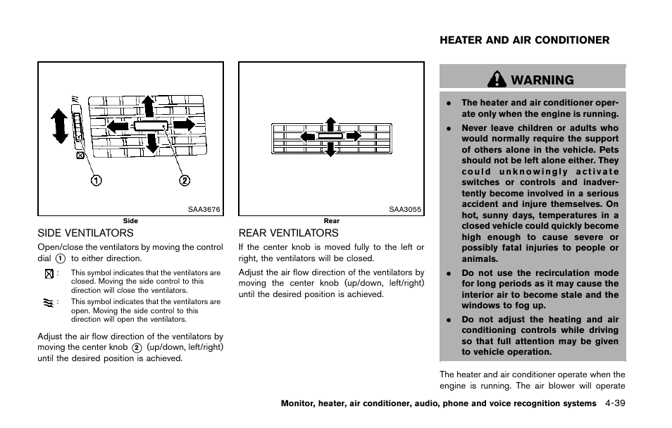 Side ventilators -39 rear ventilators -39, Heater and air conditioner -39, Warning | NISSAN 2014 Quest - Owner's Manual User Manual | Page 222 / 482