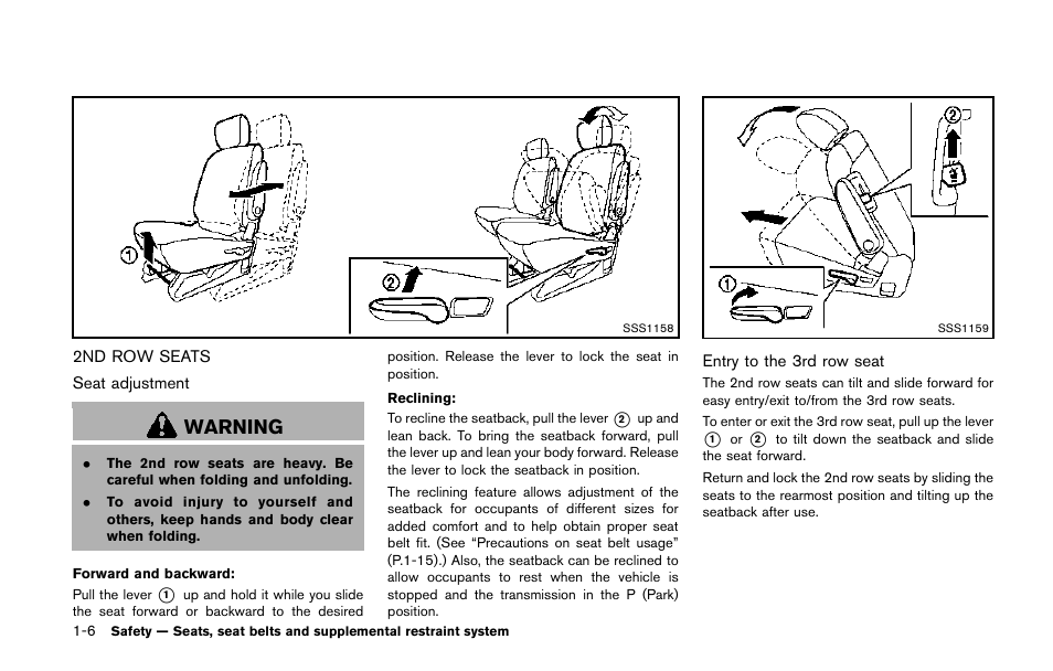 2nd row seats -6, Warning | NISSAN 2014 Quest - Owner's Manual User Manual | Page 23 / 482