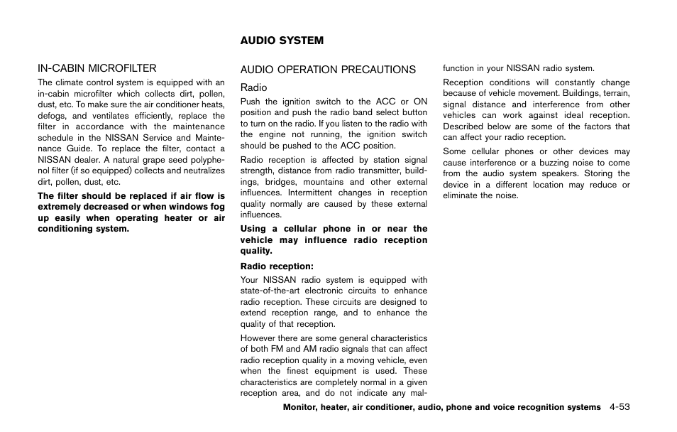 In-cabin microfilter -53, Audio system -53, Audio operation precautions -53 | NISSAN 2014 Quest - Owner's Manual User Manual | Page 236 / 482