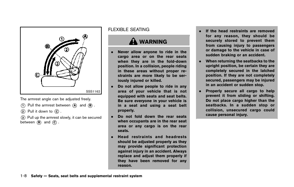 Flexible seating -8, Warning | NISSAN 2014 Quest - Owner's Manual User Manual | Page 25 / 482