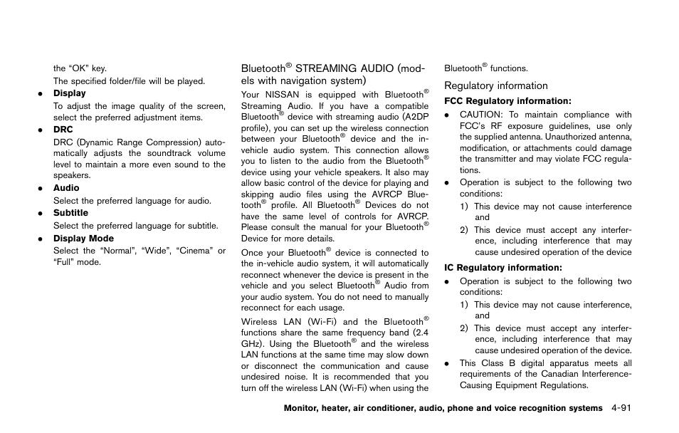 Bluetooth, Streaming audio (models with, Navigation system) -91 | Streaming audio (mod- els with navigation system), Regulatory information | NISSAN 2014 Quest - Owner's Manual User Manual | Page 274 / 482