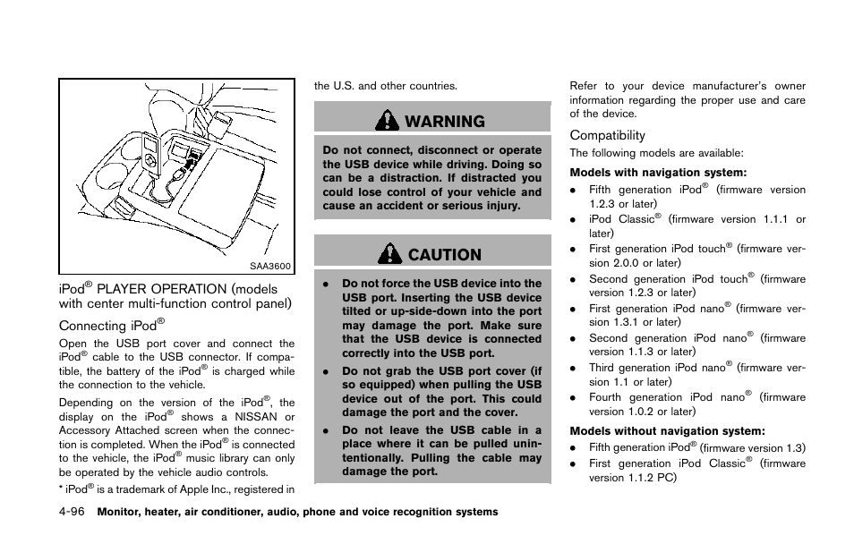 Ipod, Player operation (models with center, Multi-function control panel) -96 | Warning, Caution, Compatibility | NISSAN 2014 Quest - Owner's Manual User Manual | Page 279 / 482