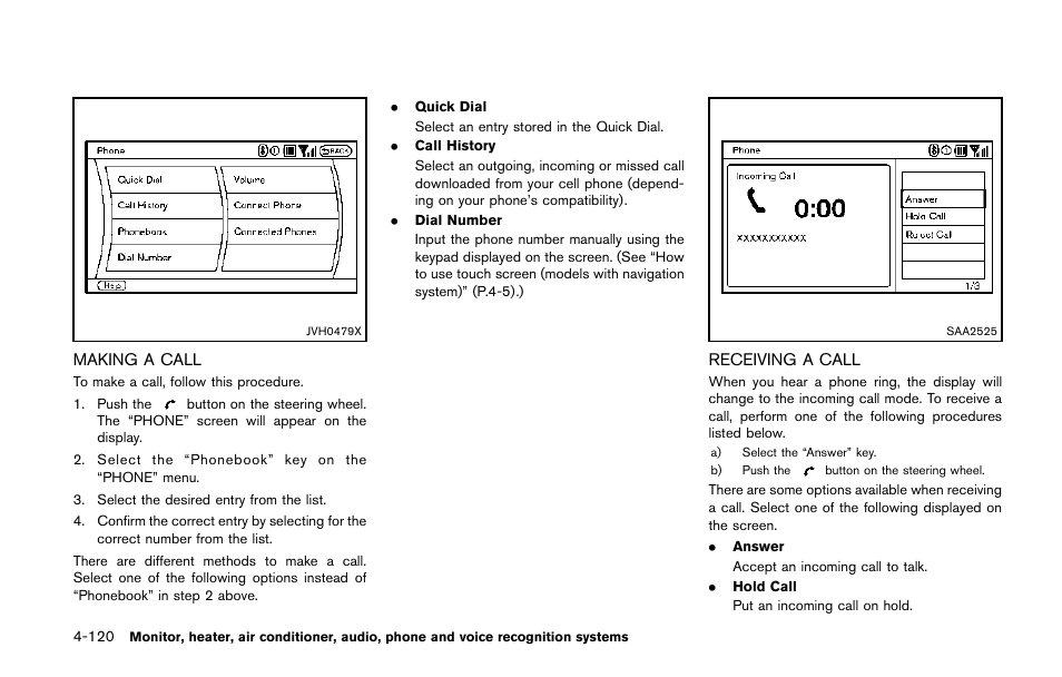 Making a call -120 receiving a call -120 | NISSAN 2014 Quest - Owner's Manual User Manual | Page 303 / 482