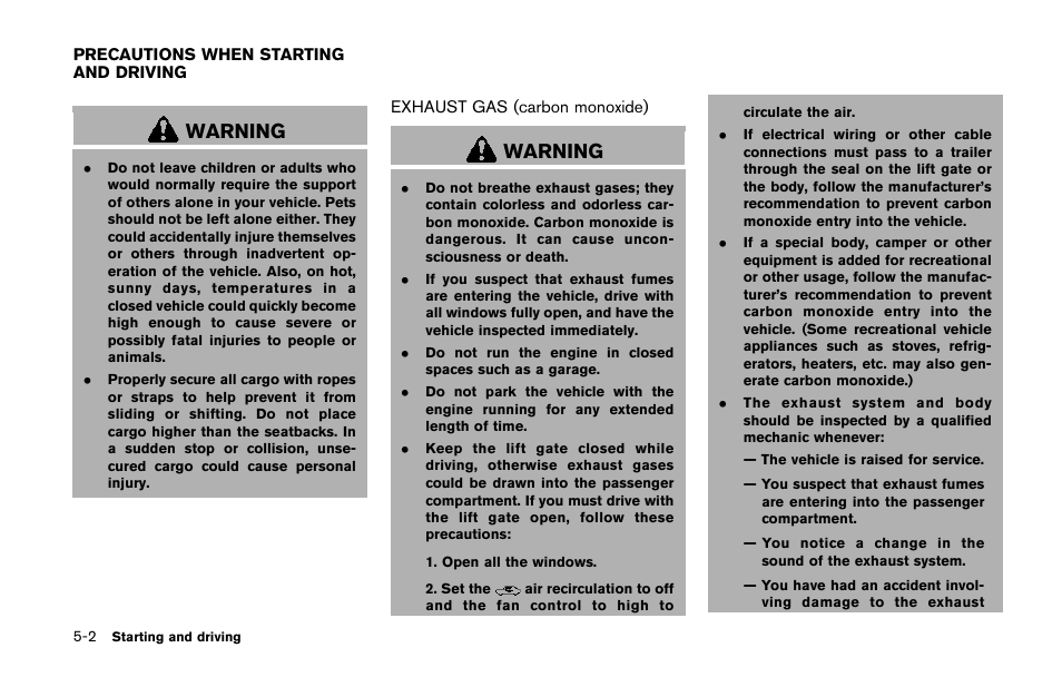 Precautions when starting and driving -2, Exhaust gas (carbon monoxide) -2, Warning | NISSAN 2014 Quest - Owner's Manual User Manual | Page 345 / 482