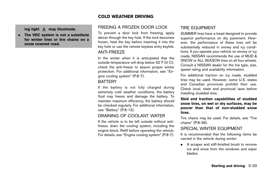 Cold weather driving -33 | NISSAN 2014 Quest - Owner's Manual User Manual | Page 376 / 482