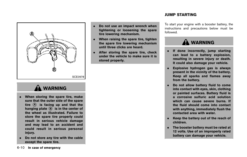 Jump starting -10, Warning | NISSAN 2014 Quest - Owner's Manual User Manual | Page 389 / 482