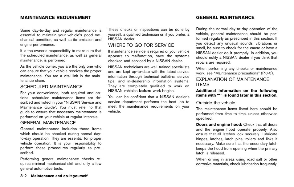 Maintenance requirement -2, General maintenance -2, Explanation of maintenance items -2 | NISSAN 2014 Quest - Owner's Manual User Manual | Page 407 / 482