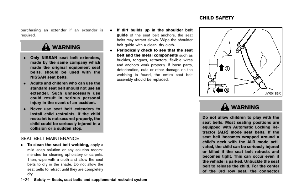 Seat belt maintenance -24, Child safety -24, Warning | NISSAN 2014 Quest - Owner's Manual User Manual | Page 41 / 482