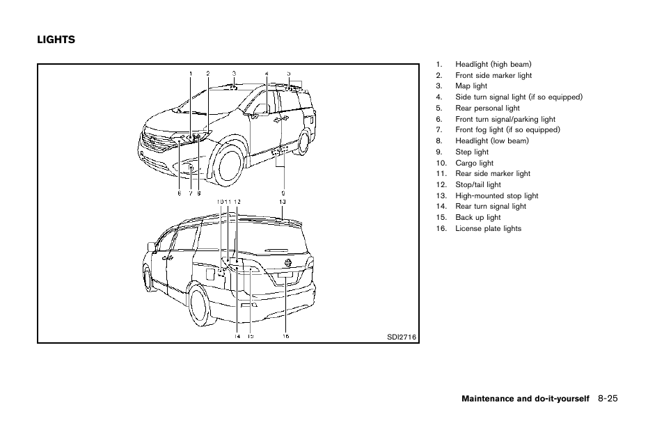 Lights -25, Lights | NISSAN 2014 Quest - Owner's Manual User Manual | Page 430 / 482