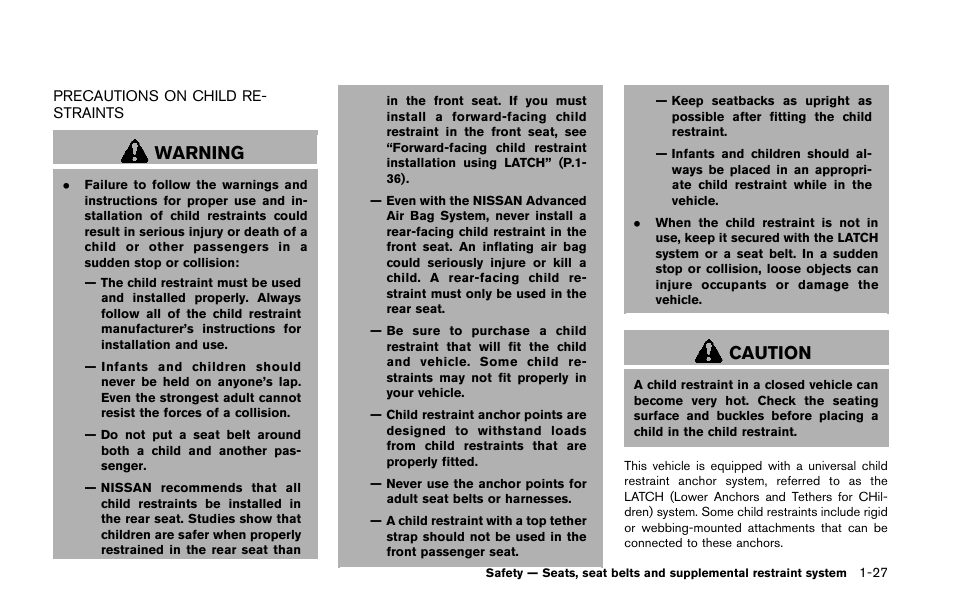 Precautions on child restraints -27, Warning, Caution | NISSAN 2014 Quest - Owner's Manual User Manual | Page 44 / 482