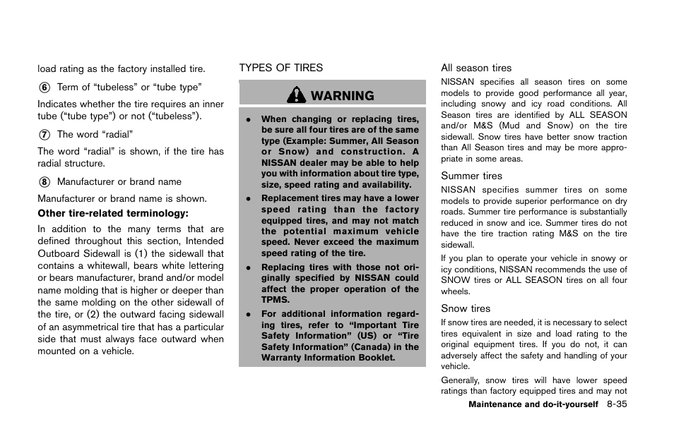 Types of tires -35, Warning | NISSAN 2014 Quest - Owner's Manual User Manual | Page 440 / 482