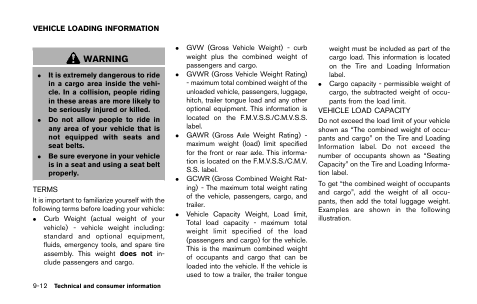 Vehicle loading information -12, Terms -12 vehicle load capacity -12, Warning | NISSAN 2014 Quest - Owner's Manual User Manual | Page 457 / 482