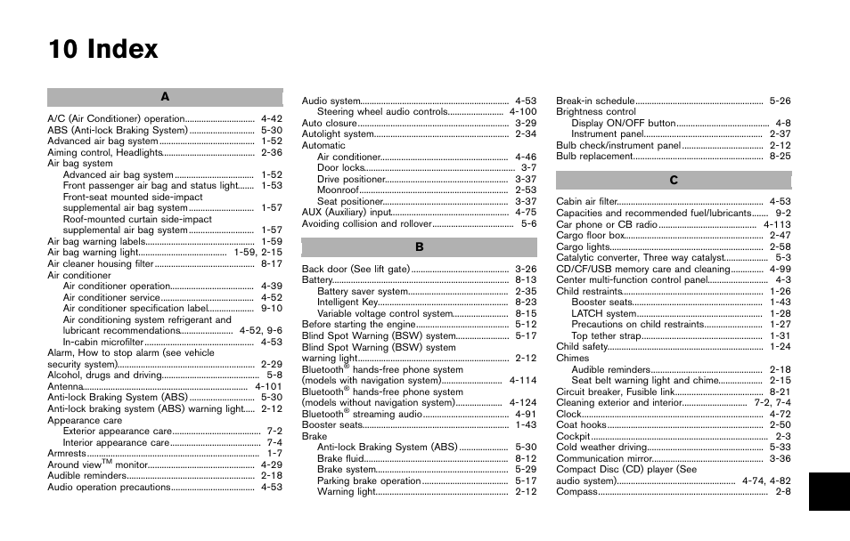 Index, 10 index | NISSAN 2014 Quest - Owner's Manual User Manual | Page 474 / 482