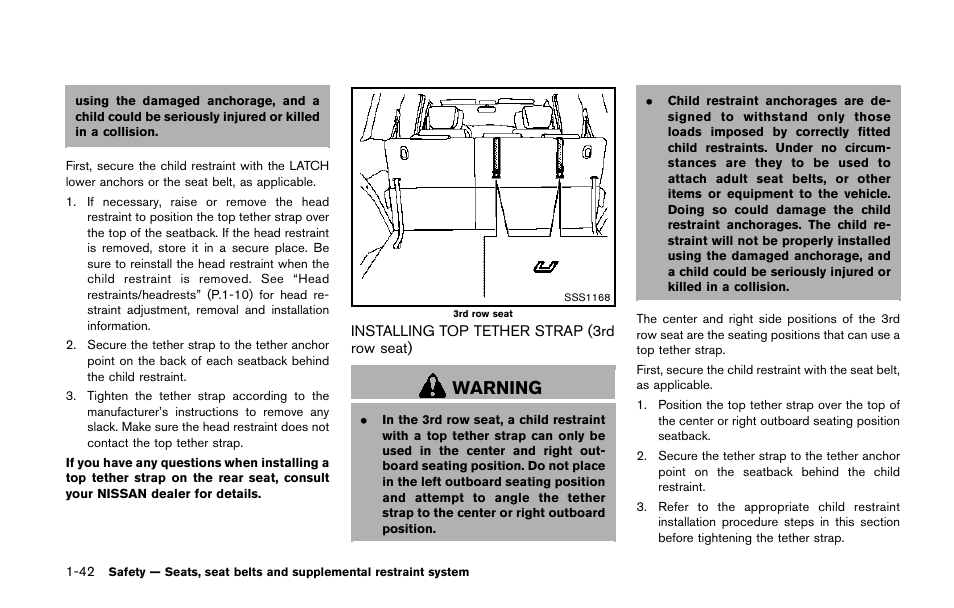 Installing top tether strap (3rd row seat) -42, Warning | NISSAN 2014 Quest - Owner's Manual User Manual | Page 59 / 482